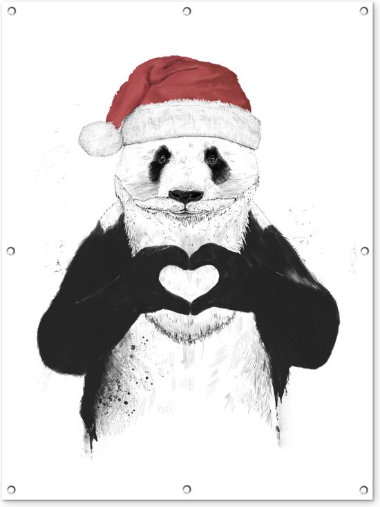 Tuinposter - Tuindoek - Tuinposters buiten - Panda - Kerstmuts - Hartje - Liefde - 90x120 cm - Tuin