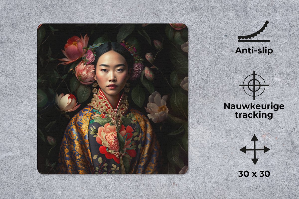 Muismat 30x30 cm - Mousepad Vrouw - Asian - Kimono - Bloemen - Portret - Muismatten