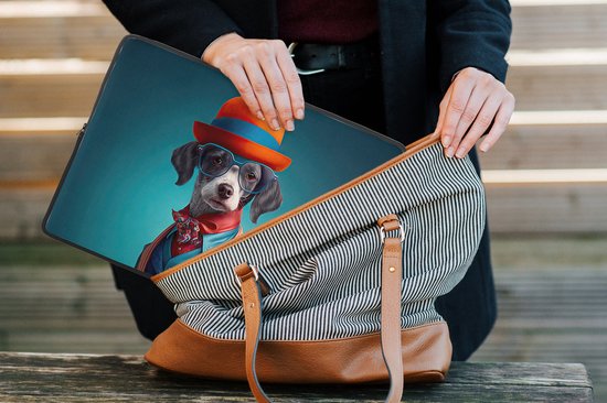 Foto: Laptophoes 13 inch hond colbert bloemen portret blauw laptop sleeve binnenmaat 32x22 5 cm zwarte achterkant