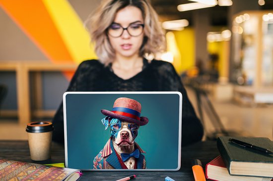 Laptop sticker - 11.6 inch - Hond - Hoed - Colbert - Bloemen - Blauw - 30x21cm - Laptopstickers - Laptop skin - Cover