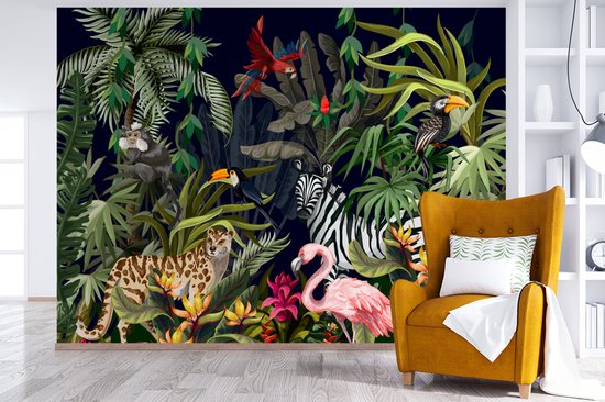 Behang - Fotobehang Jungle dieren - Natuur - Jongens - Meisjes - Flamingo - Zebra - Breedte 375 cm x hoogte 280 cm