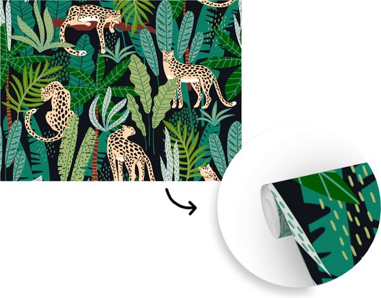 Behang - Fotobehang Jungle - Panter - Patronen - Jongens - Meiden - Planten - Breedte 300 cm x hoogte 240 cm
