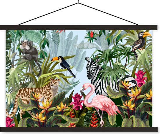 Posterhanger incl. Poster 120x80 cm - Schoolplaat - Jungle - Natuur - Jongens - Meisjes - Kinderen - Zebra - Flamingo - Textielposter - Zwarte latten