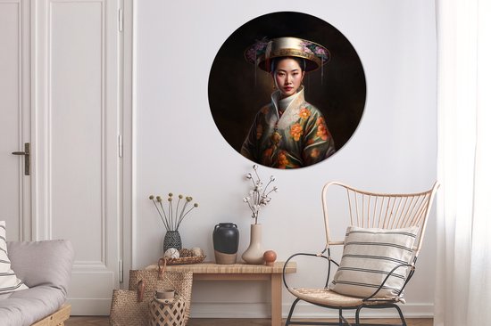 WallCircle - Wandcirkel - Muurcirkel - Vrouwen - Aziatisch - Bloemen - Portret - Aluminium - Dibond - ⌀ 140 cm - Binnen en Buiten