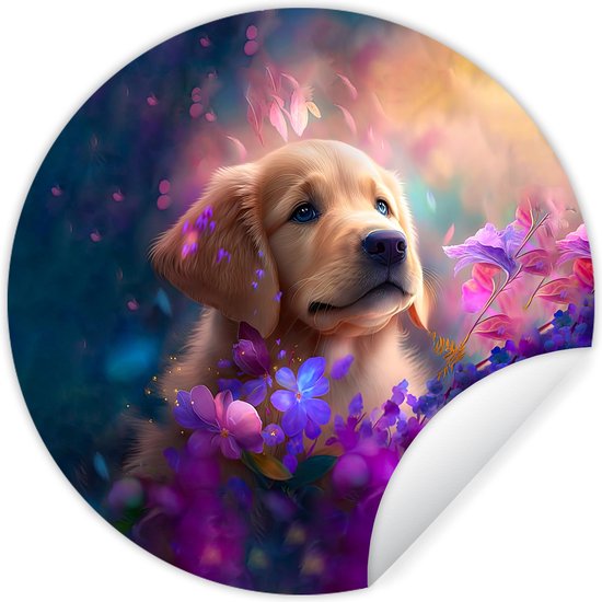 WallCircle - Muurstickers - Behangcirkel - Hond - Puppy - Zon - Bloemen - Golden retriever - 80x80 cm - Muurcirkel - Zelfklevend - Ronde Behangsticker