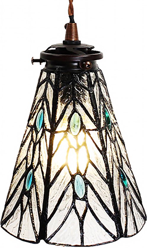 HAES DECO - Tiffany Hanglamp Ø 15x115 cm Transparant Glas Metaal Rond Hanglamp Eettafel Hanglampen Eetkamer Glas in Lood