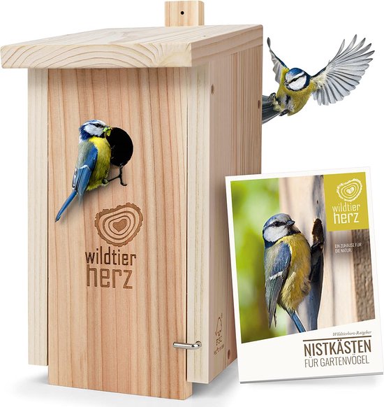 Wildtier Herz® Nestkastje Natuur van massief hout, geschroefd en weerbestendig, voor Pimpelmezen & Kleine Mezensoorten - nesthulp met 28 mm invlieggat