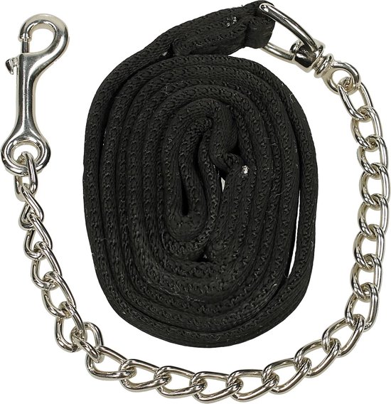 Zwarte halstouw met zilverkleurige ketting en clips.