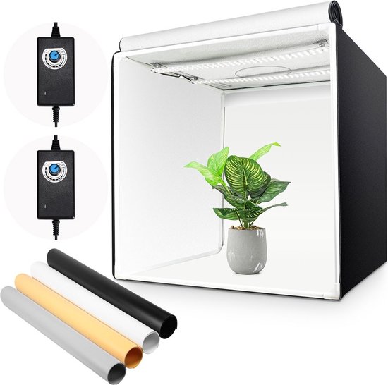 Yorbay fototent met plant, dimbare LED-verlichting en vier achtergrondkleuren.