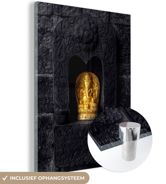 Glasschilderij - Ganesha beeld - Goud - Spiritueel - Bakstenen - Zwart - 120x160 cm - Wanddecoratie - Kamer decoratie