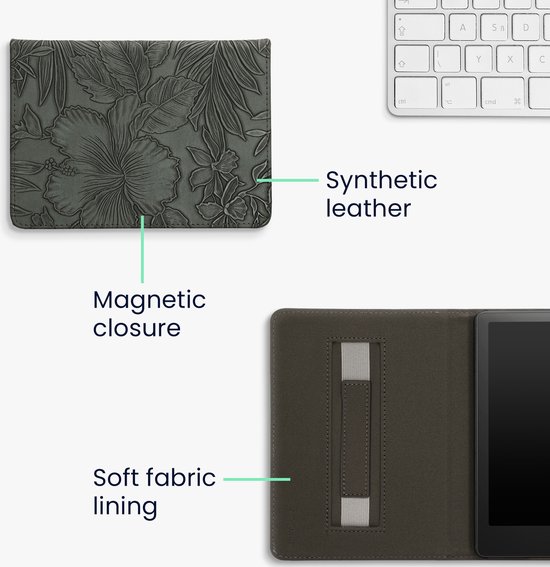kwmobile e-reader hoesje geschikt voor Amazon Kindle Paperwhite 11. Generation 2021 hoes - E reader flip case met magneetsluiting - Ereader cover - Bloemen in reliëf design in groen van kwmobile — afbeelding 5