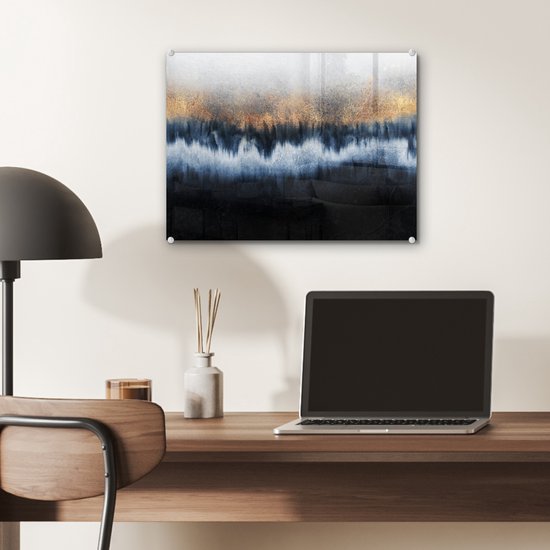 MuchoWow® Peinture sur verre 40x30 cm - Peinture sur verre acrylique - Abstrait - Or - Luxe - Blauw - Photo sur verre - Décoration murale salon - Décoration murale chambre - Peintures