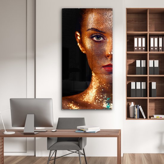 MuchoWow® Peinture sur Verre - Maquillage - Or - Femme - Luxe - Glitter - Art - 80x160 cm - Peintures sur Verre Peintures - Photo sur Glas