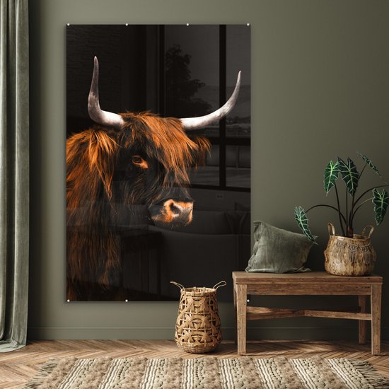 MuchoWow® Peinture sur verre 100x150 cm - Peinture sur verre acrylique - Highlander écossais - Zwart - Fourrure - Photo sur verre - Peintures