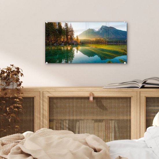 Peinture sur verre - Plaque acrylique - Lac - Water - Vert - Montagnes - Arbre - Décoration murale - Peinture sur verre - Verre acrylique - Photo sur verre - 40x20 cm - Peinture sur verre nature - Décoration murale
