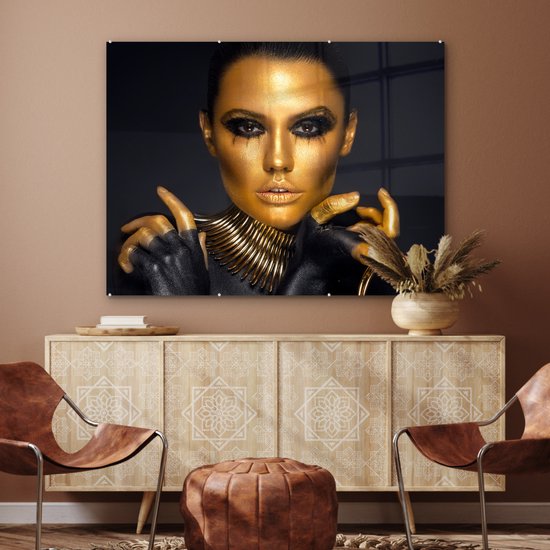 MuchoWow® Peinture sur Verre - Maquillage - Sac - Goud - Luxe - Femme - 120x90 cm - Peintures sur Verre Peintures - Photo sur Glas