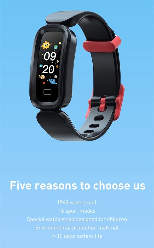 Zwarte smartwatch met rode banddetail. Het scherm toont 09:20 met speelse kinderlijke icoontjes.