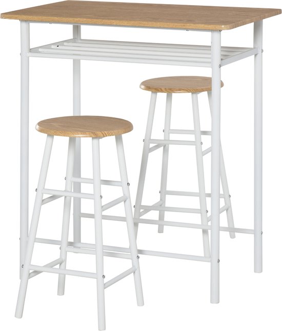 HOMCOM Ensemble de tabourets de table de bar, table de cuisine avec chaise, table de bar, tabouret de bar, acier blanc + chêne 835-297