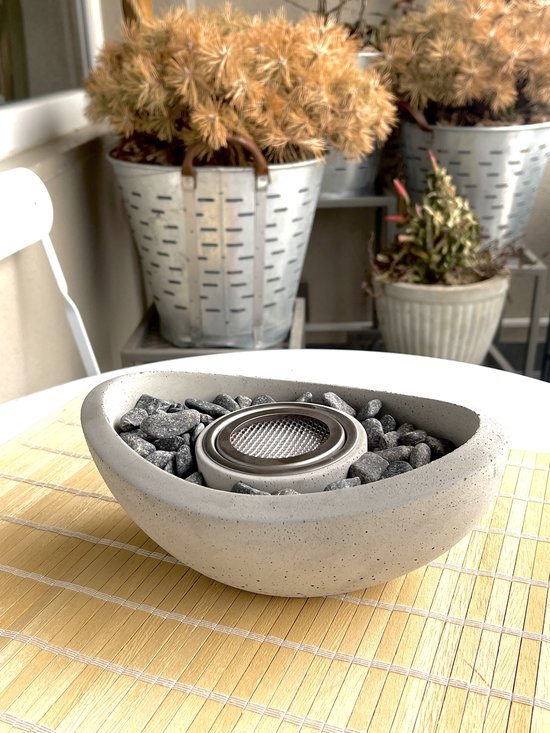 Double T Concept® Oval Beton Schaal - Brand Tot Wel 90min - Bio Ethanol Sfeerhaard - Tafelhaard - Vuurkorf - Terrashaard - Verwarming - Natuurlijk Hout - 23x16x9cm