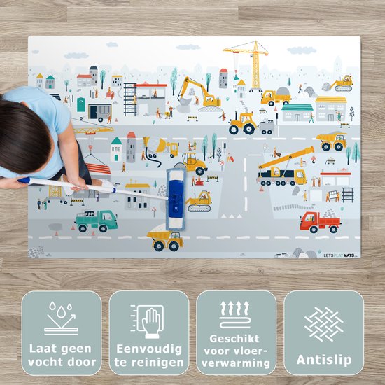 LetsPlaymats® Speelmat baby kinderen - Bouwplaats - Tractor - Graafmachine - Auto - Design - Speelkleed van vinyl - Speeltapijt - Antislip - 135x90 cm van LetsPlaymats® — afbeelding 3