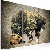 Schilderij - Beer in het Bos, print op canvas, wanddecoratie, 3luik , groen grijs
