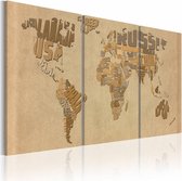 Schilderij - Wereldkaart - In Beige en Bruin, 3luik , premium print op canvas
