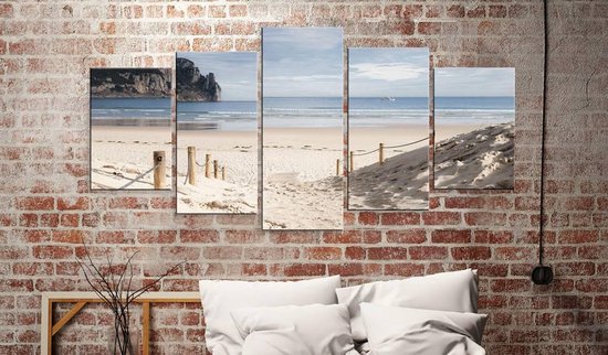 Peinture - Promenade le long de la mer, 5 panneaux, bleu beige, décoration murale, impression premium sur toile