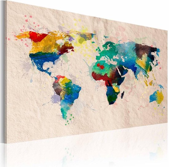 Schilderij - Wereldkaart - wereld van kleuren, Multi-gekleurd , premium print op canvas | bol.com
