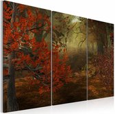 Schilderij - Bos, Rood/Groen, 3luik , premium print op canvas