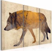 Schilderij - Zwervende Wolf, 3 luik, Beige/Geel, 3 maten, Premium print