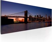 Schilderij - Brooklyn Brug - panorama, New York, Blauw/Oranje, 120X40 wanddecoratie