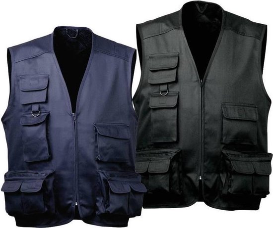 Donkerblauw en zwart outdoorvest met veel zakken en ritssluiting.