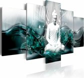 Schilderij - Azure Meditatie , boeddha , blauw wit , 5 luik
