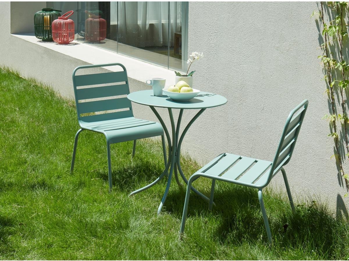 MYLIA MIRMANDE Metalen eettafelset voor buiten - een tafel D 60 cm en 2 stapelbare stoelen - Amandelgroen L 60 cm x H 79 cm x D 60 cm
