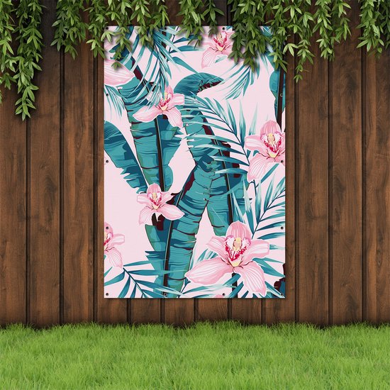 Gards Affiche de jardin Tropical Pink Summer Fleurs with Leaves - 120x180 cm - Toile jardin - Décoration de jardin - Décoration murale extérieur - Tableau jardin