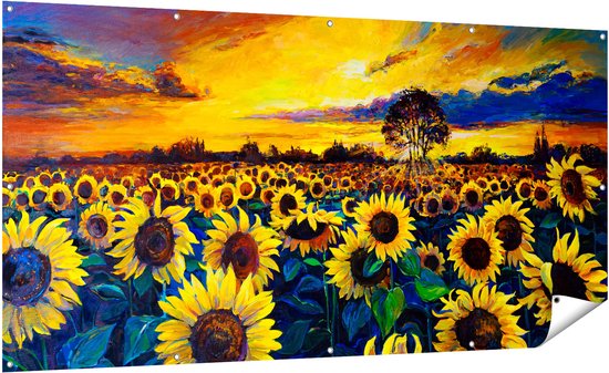 Gards Tuinposter Getekende Zonnebloemen Veld met Olieverf - 200x100 cm - Tuindoek - Tuindecoratie - Wanddecoratie buiten - Tuinschilderij