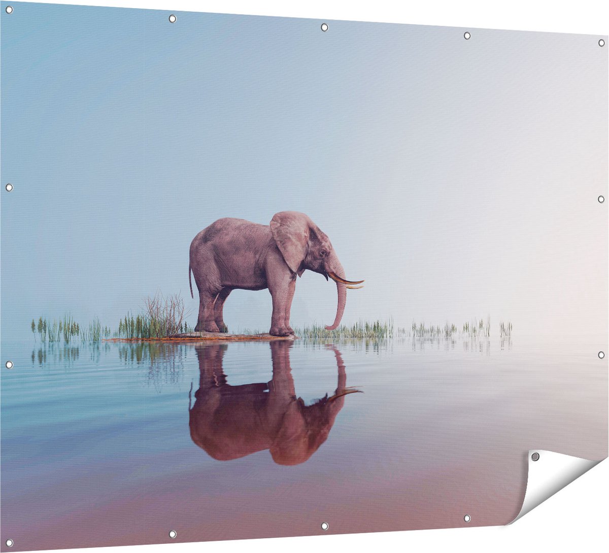 Gards Tuinposter Olifant bij het Water - 160x120 cm - Tuindoek - Tuindecoratie - Wanddecoratie buiten - Tuinschilderij Multikleur