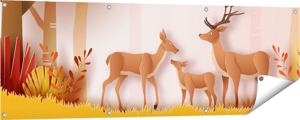 Gards Tuinposter Herten in het Bos Illustratie - Abstract - 150x50 cm - Tuindoek - Tuindecoratie - Wanddecoratie buiten - Tuinschilderij Multikleur