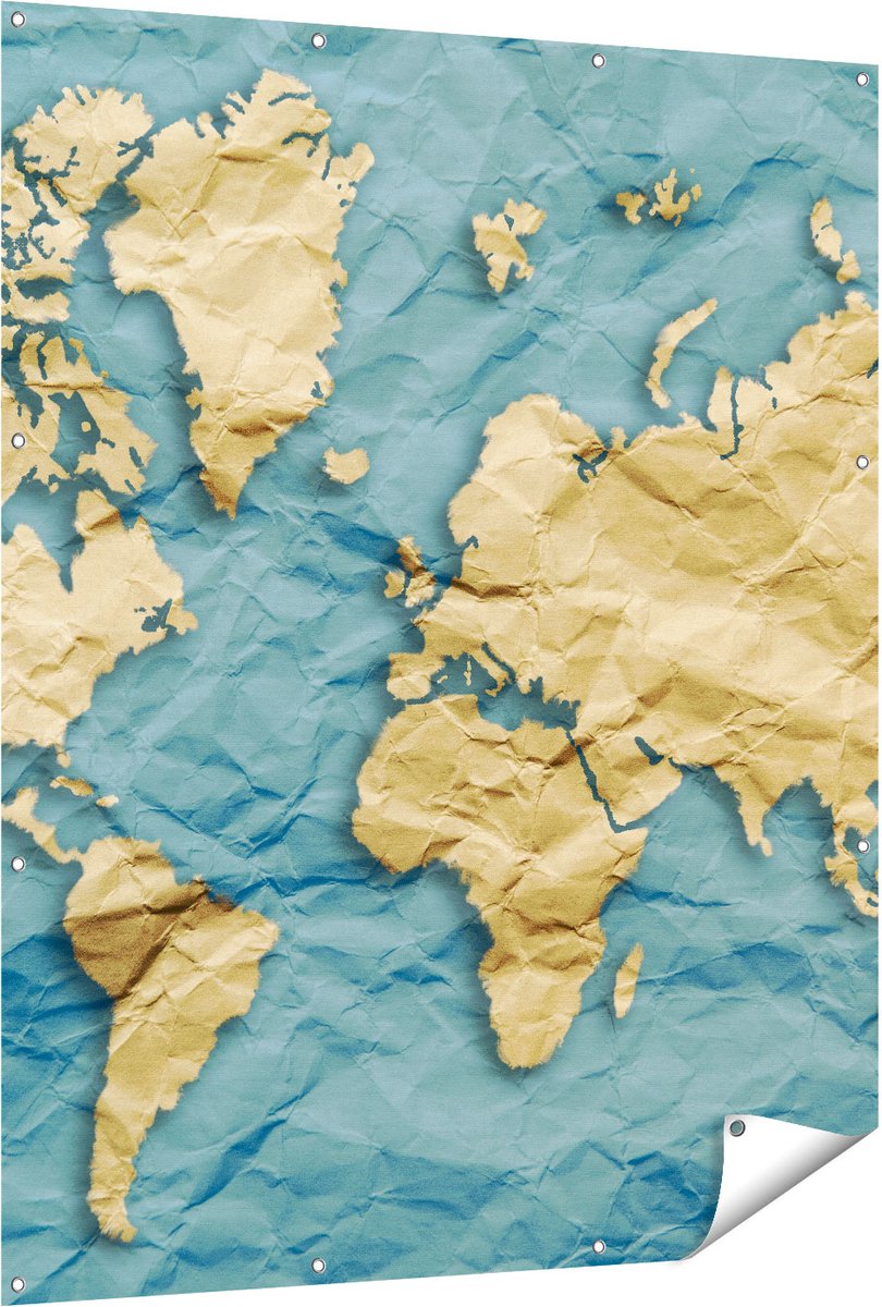 Gards Tuinposter Wereldkaart op Gekreukeld Papier - 120x150 cm - Tuindoek - Tuindecoratie - Wanddecoratie buiten - Tuinschilderij Multikleur