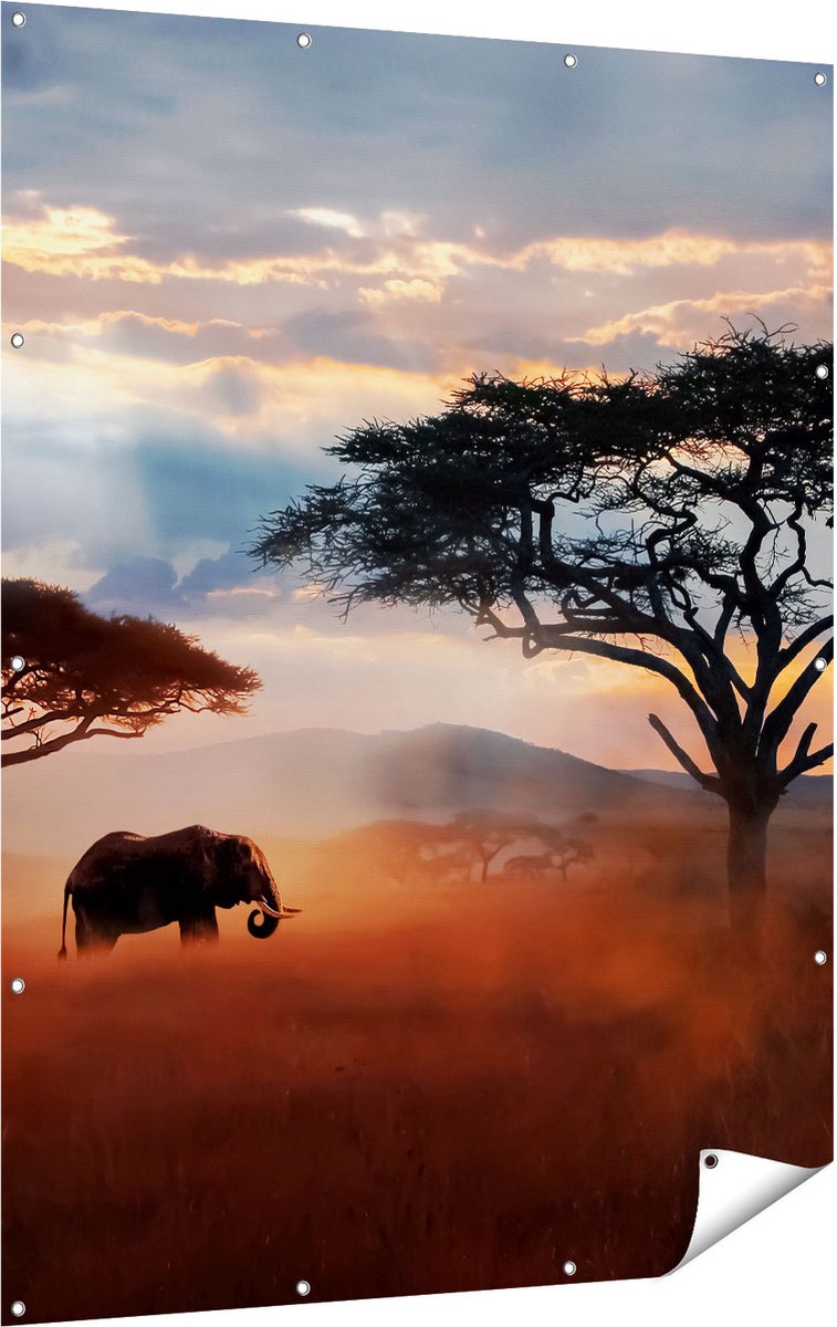 Gards Tuinposter Olifant in het Wild - Savanne - 120x160 cm - Tuindoek - Tuindecoratie - Wanddecoratie buiten - Tuinschilderij Multikleur