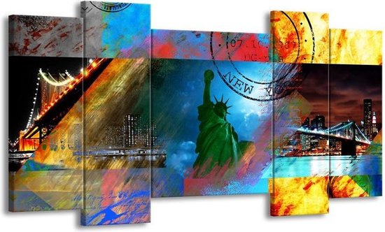 GroepArt - Schilderij - New York - Blauw, Rood, Geel - 120x65 5Luik - Foto Op Canvas - GroepArt 6000+ Schilderijen 0p Canvas Art Collectie - Wanddecoratie