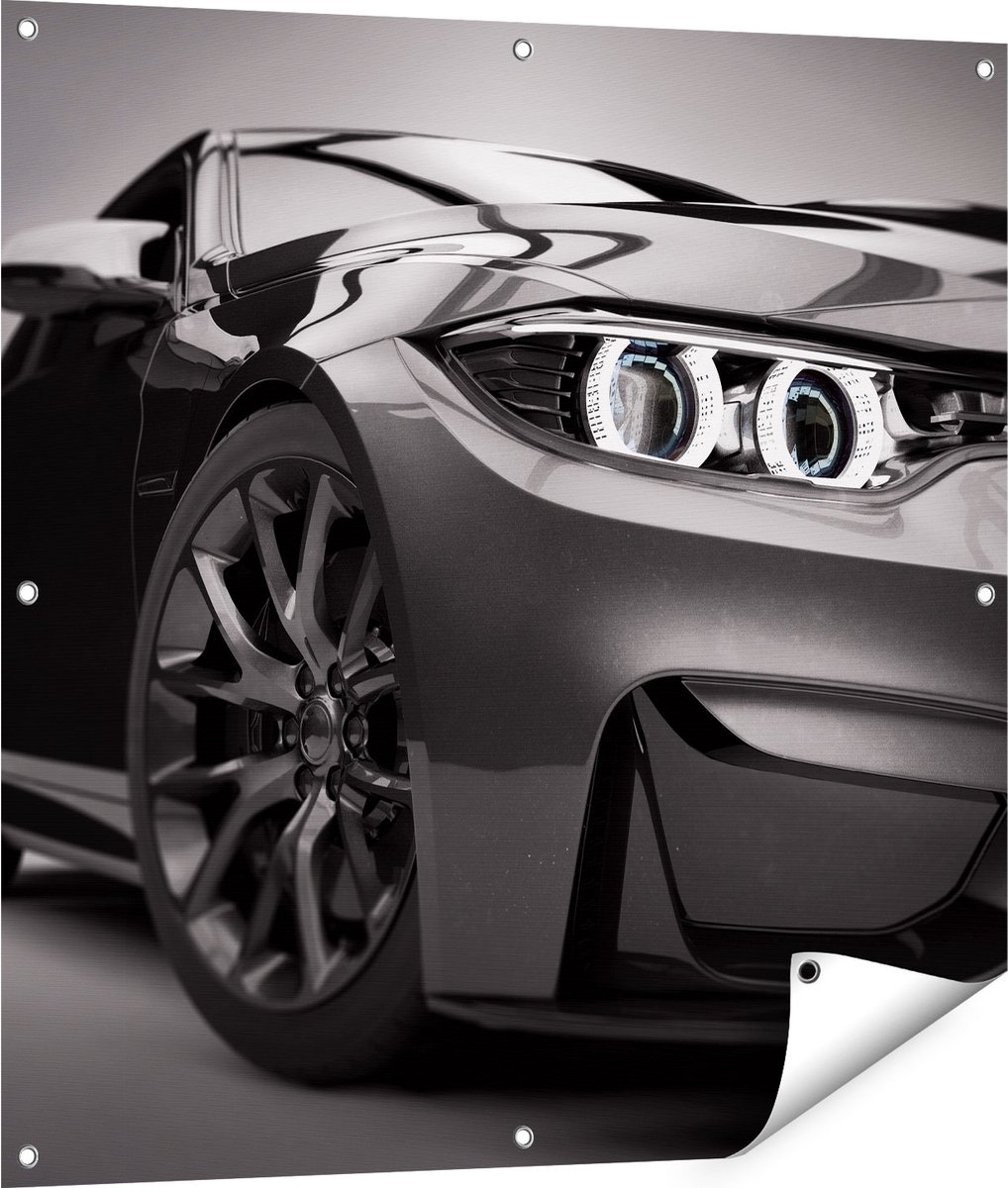 Gards Tuinposter Grijze Sportwagen Auto - Zwart Wit - 90x90 cm - Tuindoek - Tuindecoratie - Wanddecoratie buiten - Tuinschilderij Multikleur