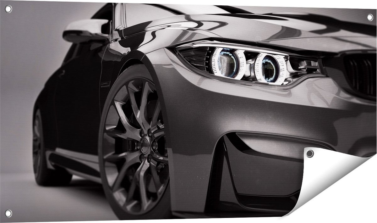 Gards Tuinposter Grijze Sportwagen Auto - Zwart Wit - 100x50 cm - Tuindoek - Tuindecoratie - Wanddecoratie buiten - Tuinschilderij Multikleur