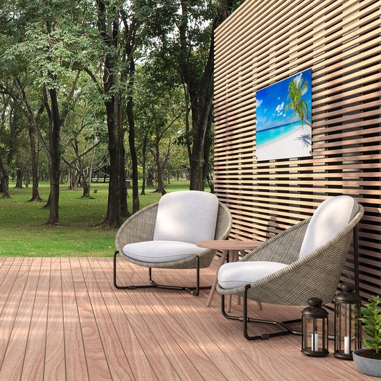 Gards Tuinposter Tropisch Strand met een Palmboom - 100x50 cm - Tuindoek - Tuindecoratie - Wanddecoratie buiten - Tuinschilderij