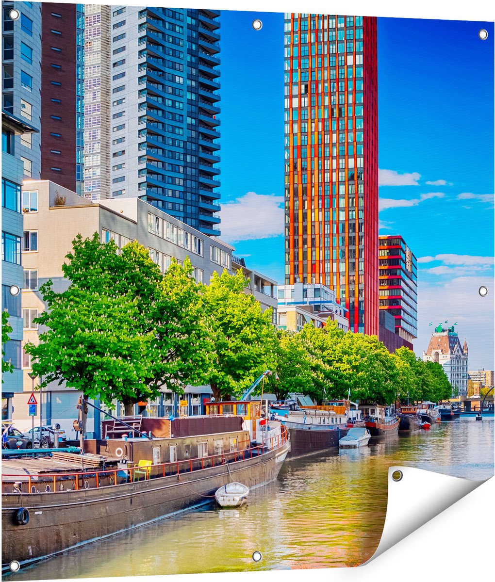Gards Tuinposter Rotterdamse Gracht met Boten - 90x90 cm - Tuindoek - Tuindecoratie - Wanddecoratie buiten - Tuinschilderij Multikleur