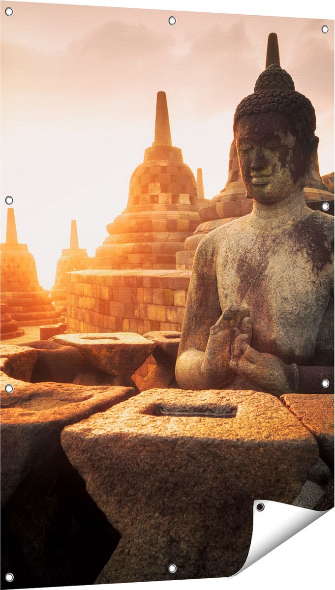Gards Tuinposter Boeddha Beeld in een Tempel - 80x120 cm - Tuindoek - Tuindecoratie - Wanddecoratie buiten - Tuinschilderij Multikleur