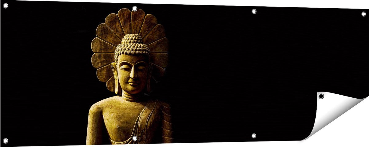 Gards Tuinposter Gouden Boeddha Beeld in Meditatie - 150x50 cm - Tuindoek - Tuindecoratie - Wanddecoratie buiten - Tuinschilderij Multikleur