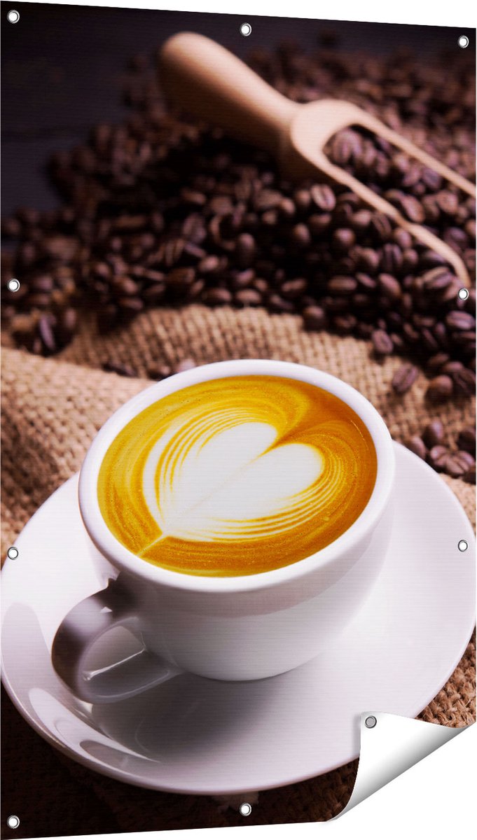 Gards Tuinposter Kopje Koffie in een Hartje met Koffiebonen - 80x120 cm - Tuindoek - Tuindecoratie - Wanddecoratie buiten - Tuinschilderij Multikleur