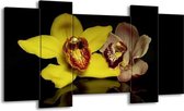 GroepArt - Schilderij - Orchidee - Geel, Zwart - 120x65 5Luik - Foto Op Canvas - GroepArt 6000+ Schilderijen 0p Canvas Art Collectie - Wanddecoratie