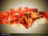 Schilderij -  Sexy - Naakte Vrouw - Rood, Oranje - 150x70cm 5Luik - GroepArt - Handgeschilderd Schilderij - Canvas Schilderij - Wanddecoratie - Woonkamer - Slaapkamer - Geschilderd Door Onze Kunstenaars 2000+Collectie Maatwerk Mogelijk